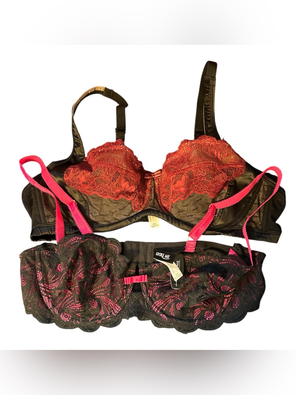 Lot of two ADORE ME LACE, UNDERWIRE BRAS, PINK/BLACK PINK/BURGUNDY 42C NWT
